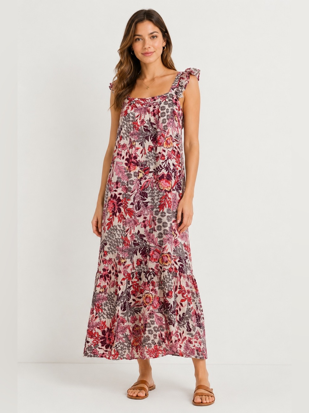 Cottagecore Feminine Knox Rose Pink Floral Ruffle Strap Boho Midi Dress Small